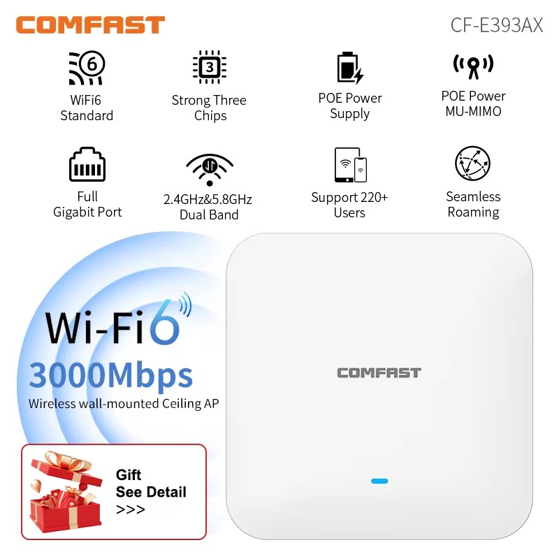 Wifi 6 Access Point Ceiling Poe - COMFAST WiFi6 จุดเชื่อมต่อไร้สายแบบติดเพดานกำลังสูง AX3000 Gigabit รองรับ